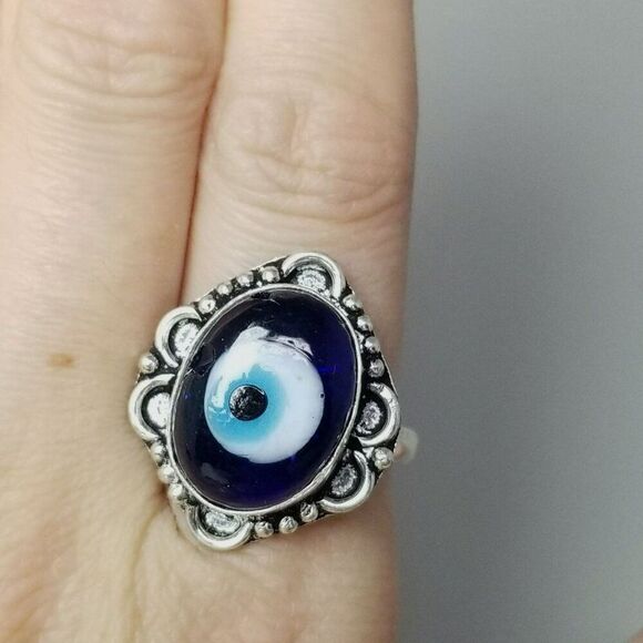 Vintage Evil Eye Blue Glass Oval Cabochon Ring, Bezel Silver Tone Size 8.5 Band - Picture 7 of 9